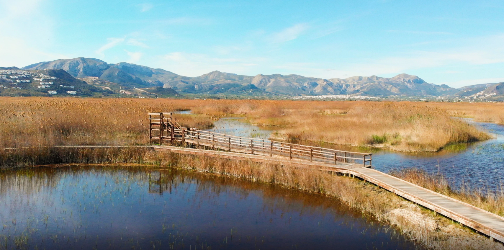 Vista de la reserva natural Marjal de Pego-Oliva con pasarela de madera y montañas al fondo.