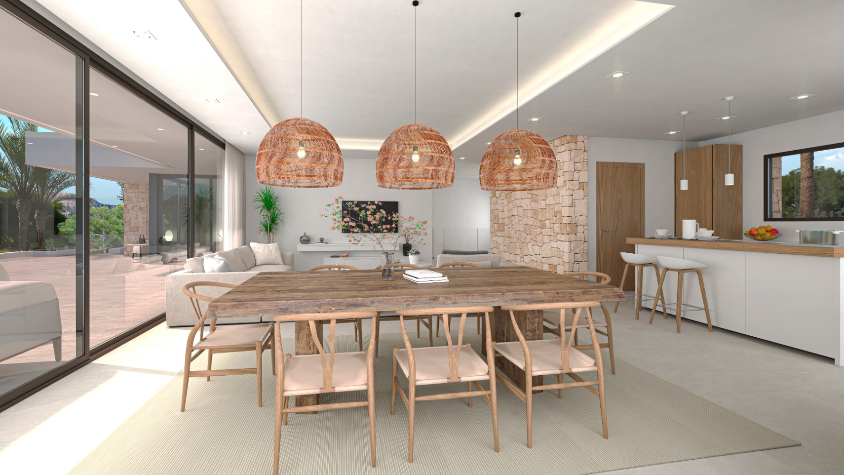 Comedor luminoso con mesa rústica de madera y lámparas colgantes de ratán. Amplias vistas al exterior.