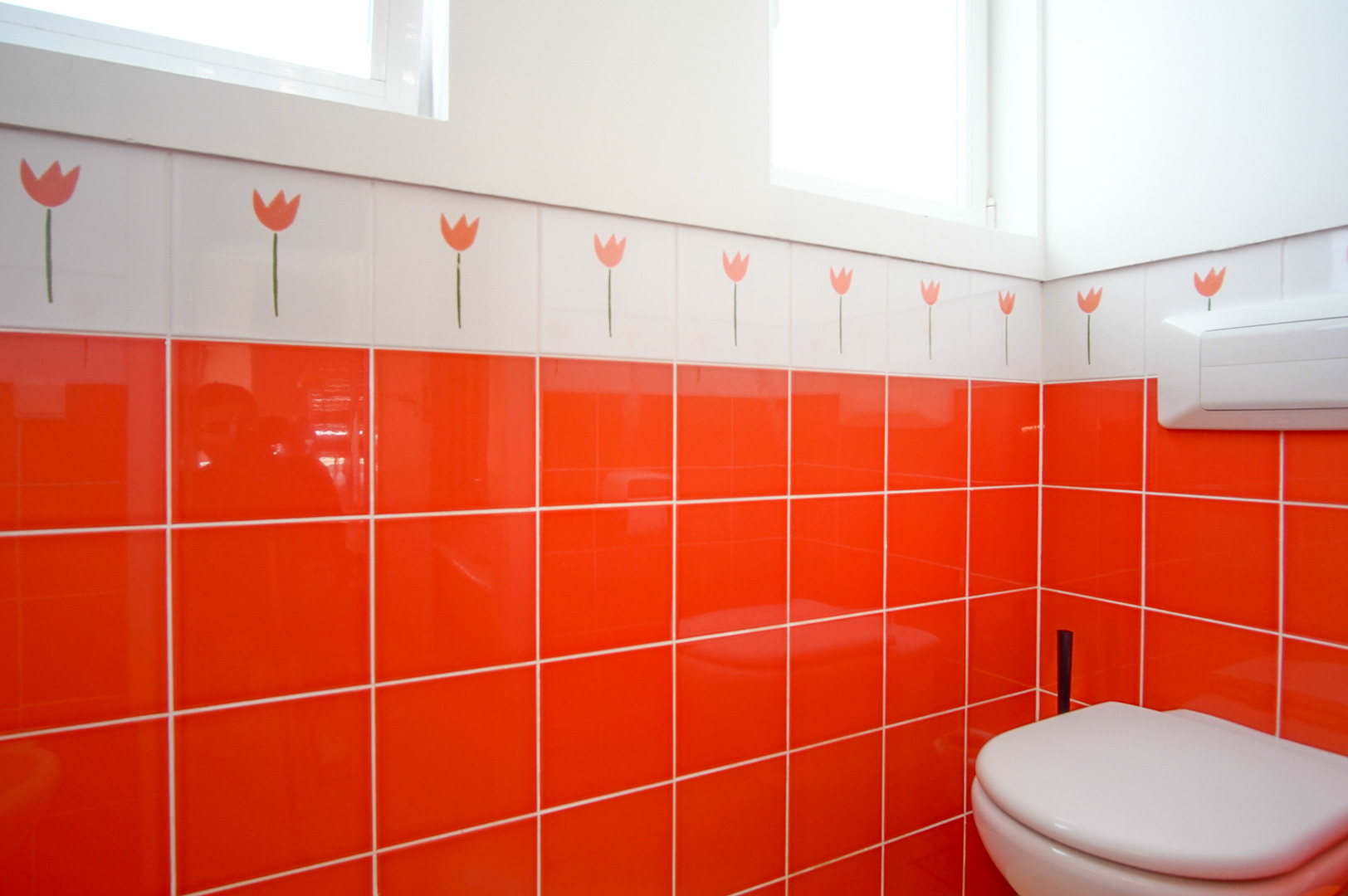 Este baño destaca por sus azulejos naranja vibrante y una cenefa decorativa con motivos de tulipanes. Incluye un inodoro suspendido y recibe abundante luz natural.