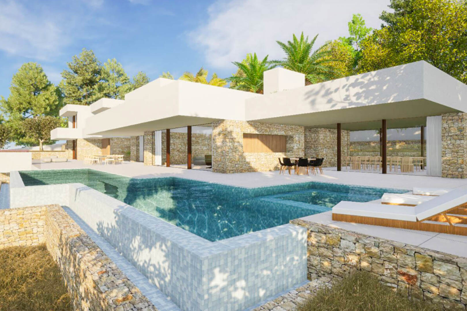 Vista exterior de la villa con piscina desbordante de mosaico, muros de piedra natural y arquitectura de estilo ibicenco rodeada de vegetación mediterránea.