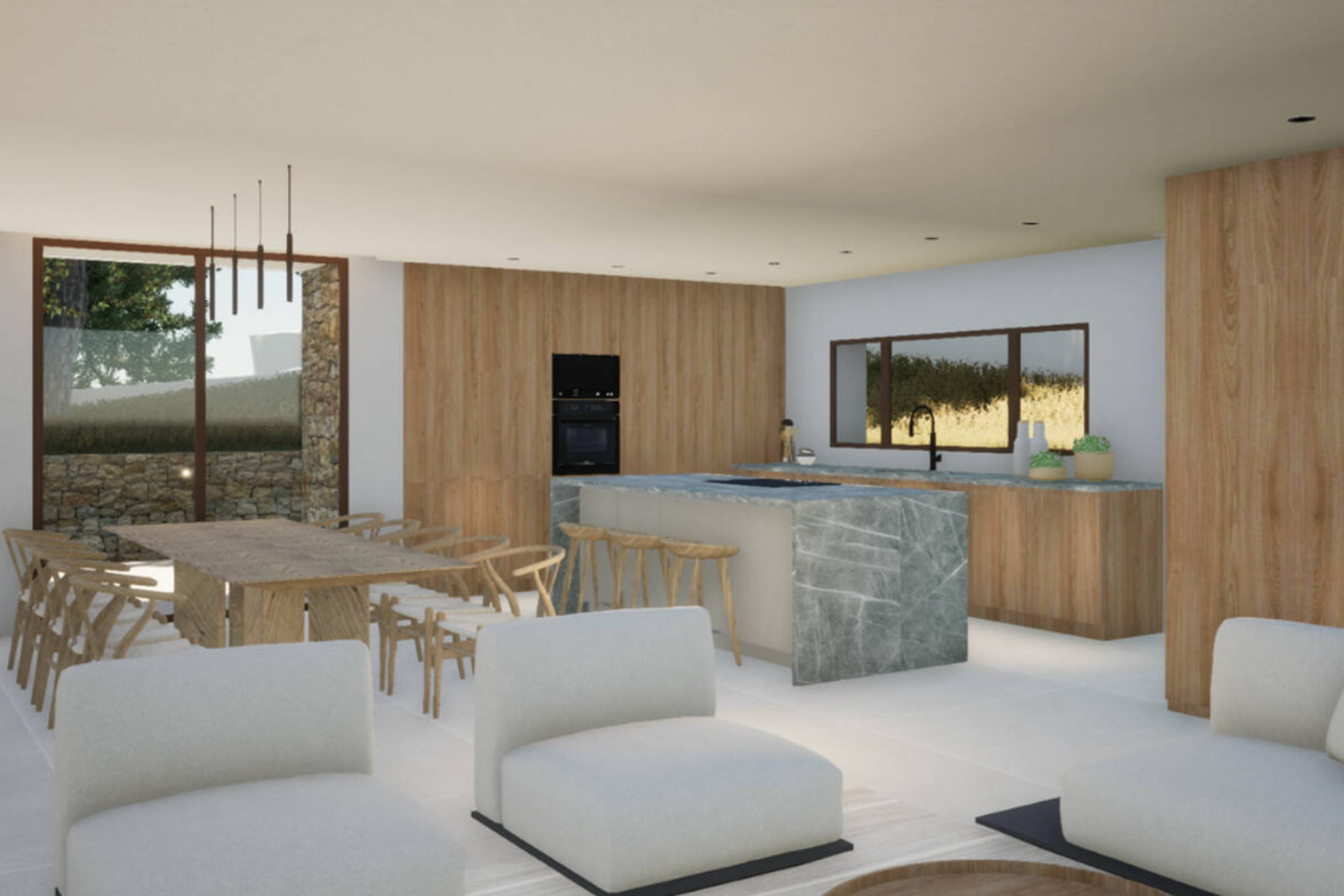 Amplio salón-comedor con isla de cocina de piedra veteada y mesa de madera clara con sillas a juego.