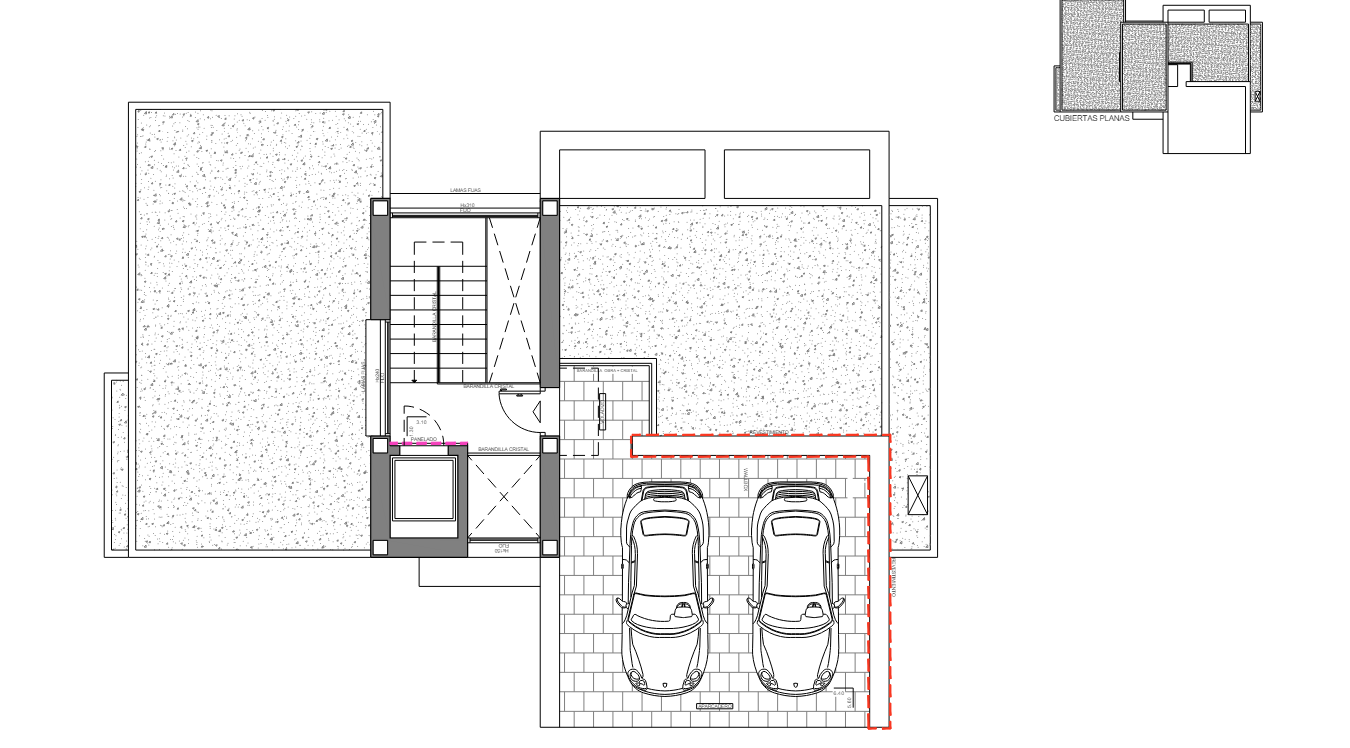 Plano técnico de la planta superior que muestra el garaje doble, el acceso principal con ascensor y la distribución de las escaleras interiores.