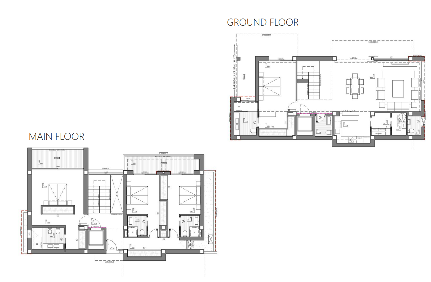 Planos arquitectónicos detallados de la planta principal y baja, mostrando la distribución de dormitorios, baños en suite y la zona de día de concepto abierto.