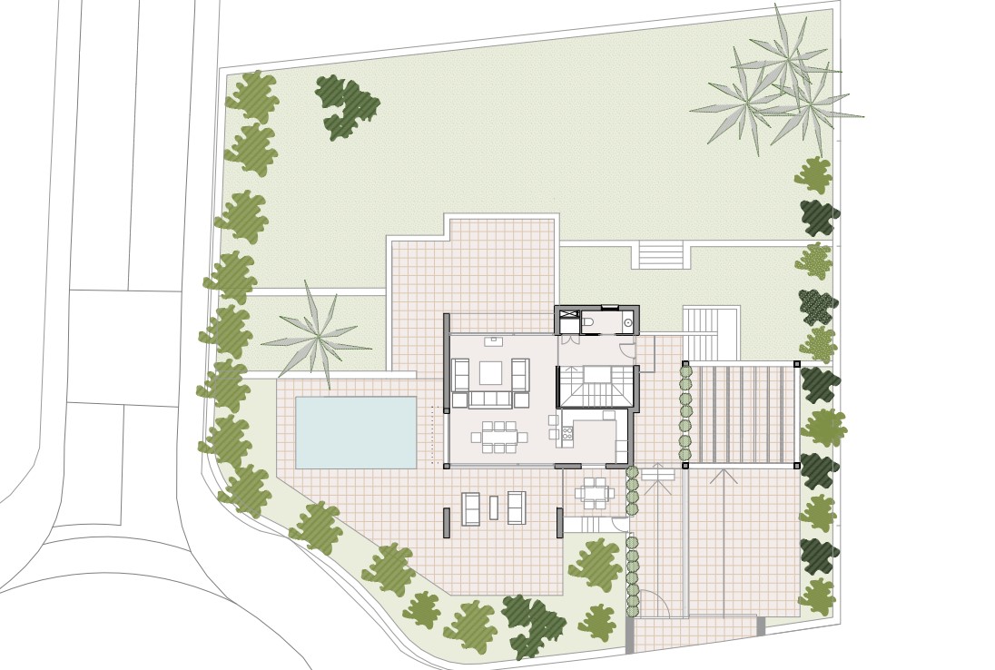 Plano detallado de la parcela que muestra la distribución de la planta baja, la piscina privada, las amplias terrazas y la zona de aparcamiento con pérgola.