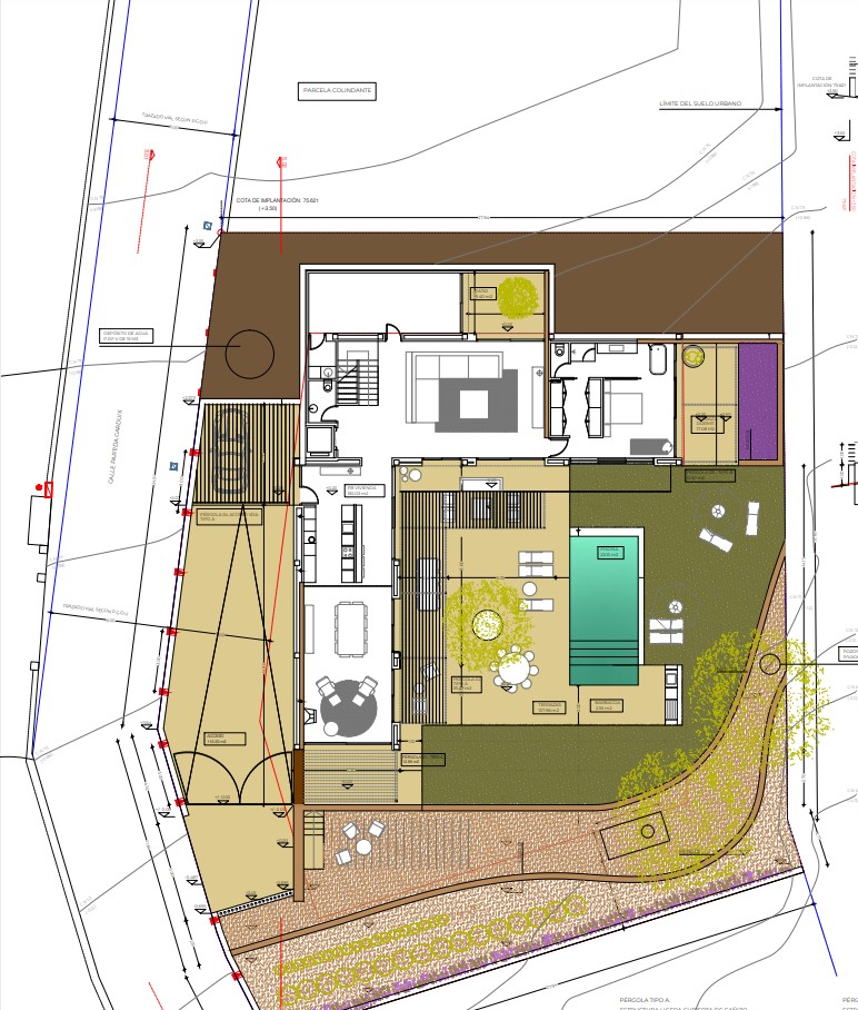 Plano arquitectónico de villa con piscina, terrazas y jardines en parcela de 1079 m2.
