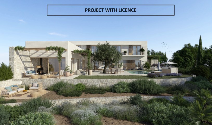 Vista exterior de la villa con terrazas, piscina y jardines mediterráneos en pendiente.