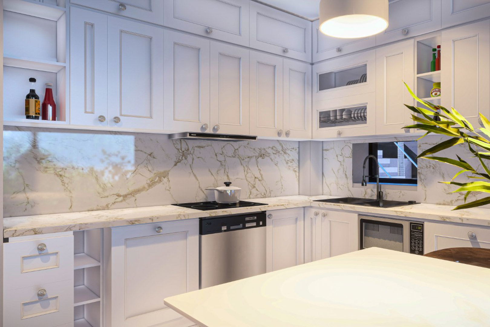 Cocina equipada con armarios blancos de estilo clásico, encimera de granito veteado y salpicadero a juego. Dispone de fregadero negro y electrodomésticos de acero inoxidable.