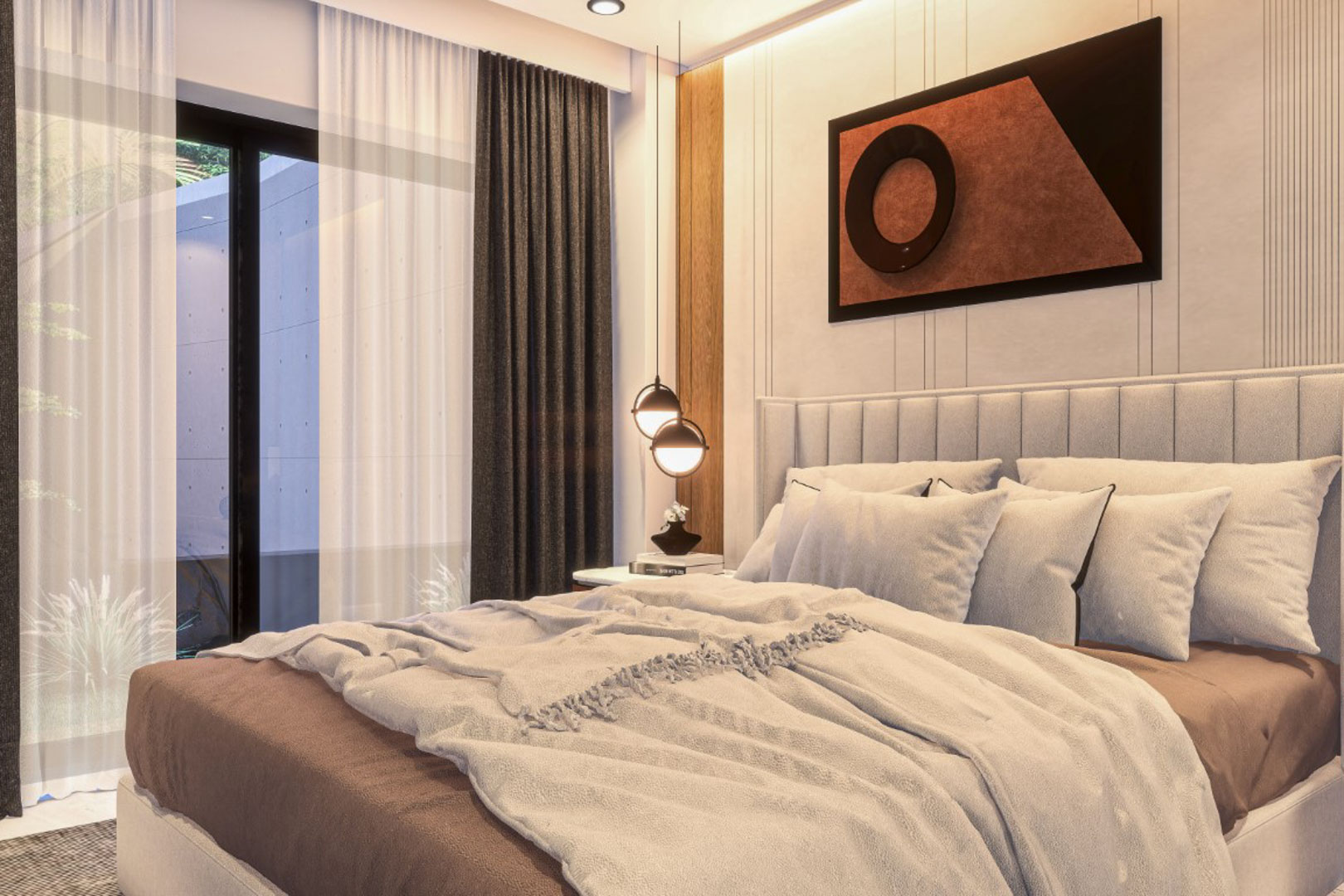 Dormitorio contemporáneo con cabecero de listones verticales, iluminación colgante esférica y acceso directo al exterior mediante ventanales de suelo a techo.