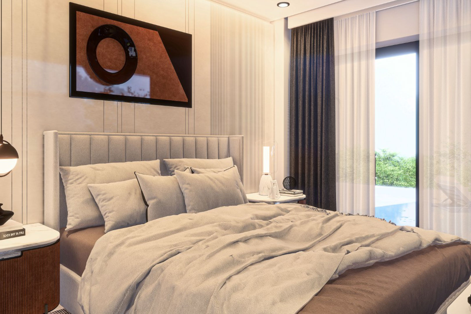 Dormitorio contemporáneo con cabecero tapizado, paredes paneladas y ventanales de suelo a techo que ofrecen acceso directo a la zona de la piscina y abundante luz natural.