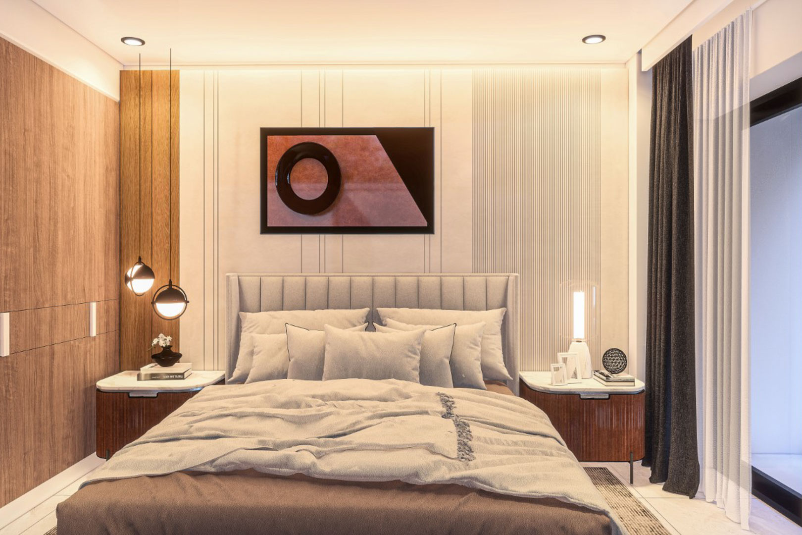 Dormitorio principal con cabecero tapizado, paneles de madera y pared con texturas lineales. Incluye iluminación colgante moderna y mesitas de noche con superficie de mármol.