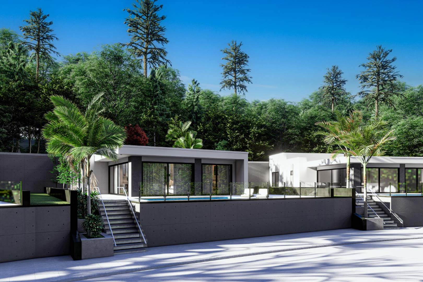 Fachada moderna con muros de hormigón visto, amplios ventanales y terrazas elevadas con barandillas de cristal, rodeada de vegetación mediterránea y pinos.