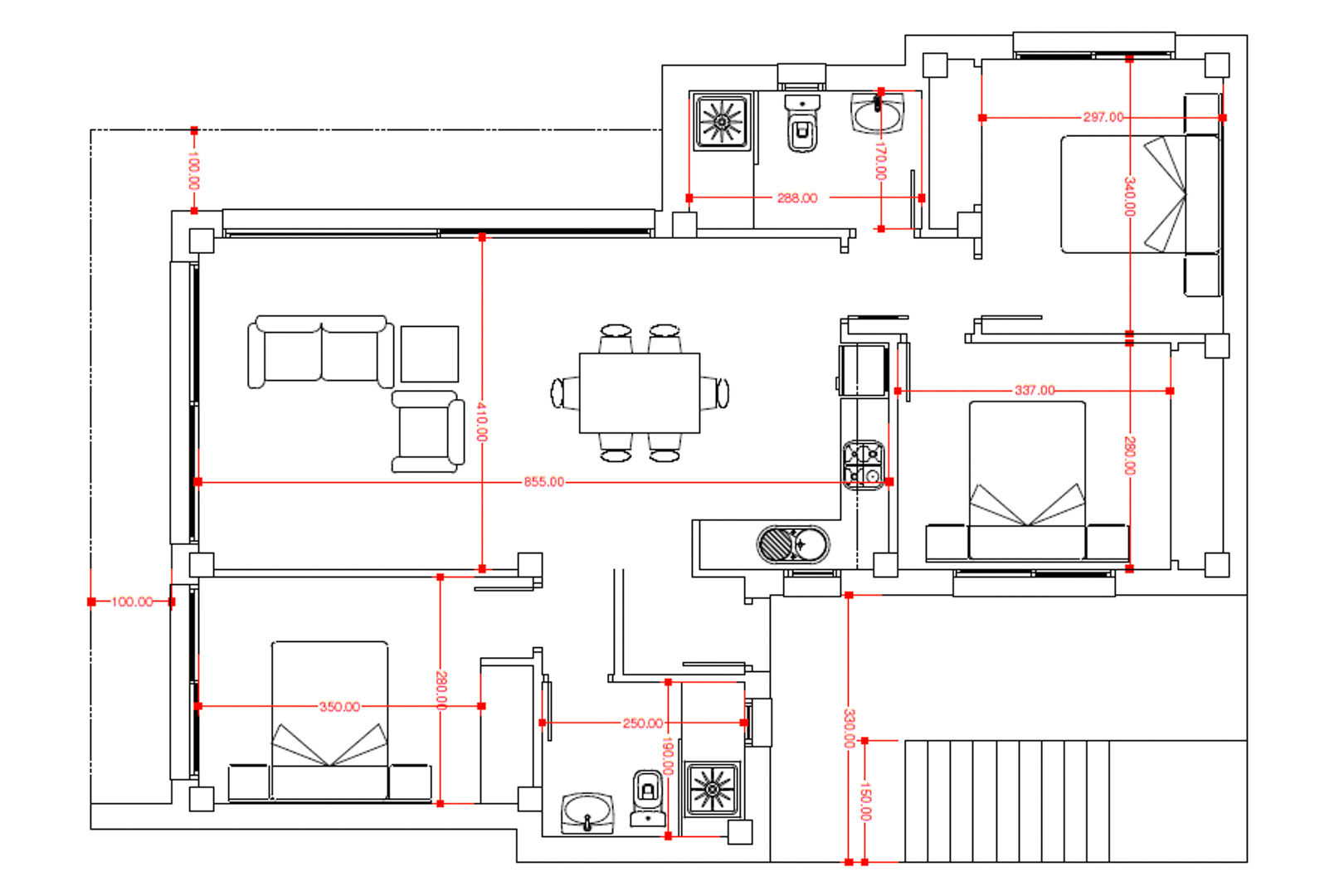 Plano técnico detallado de la villa que muestra la distribución de tres dormitorios, dos baños y un amplio salón-comedor con cocina abierta y medidas precisas en centímetros.