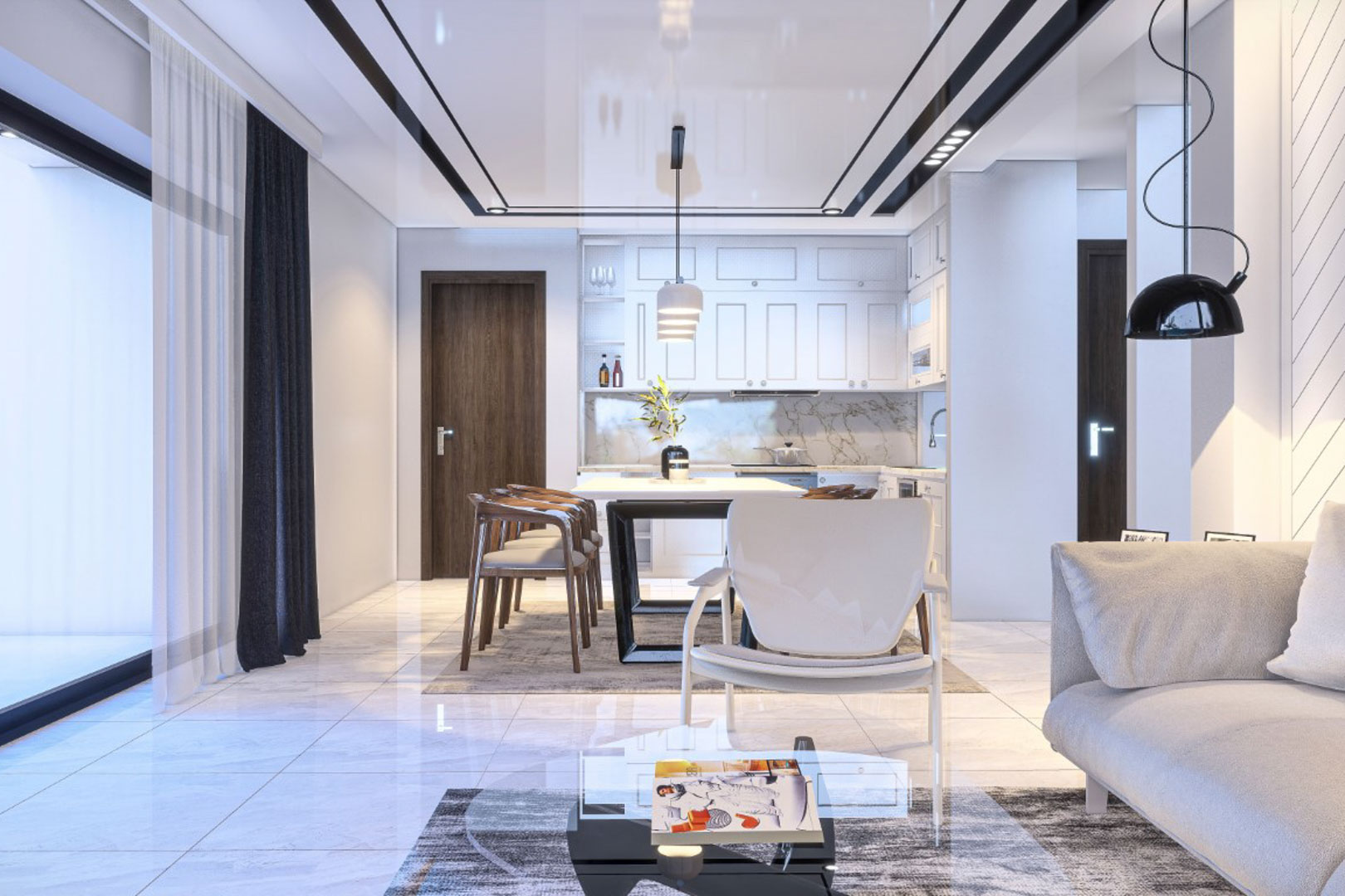 Salón-comedor de planta abierta con suelos de gres cerámico, cocina integrada de armarios blancos y encimera de mármol, iluminado por grandes ventanales y focos empotrados.