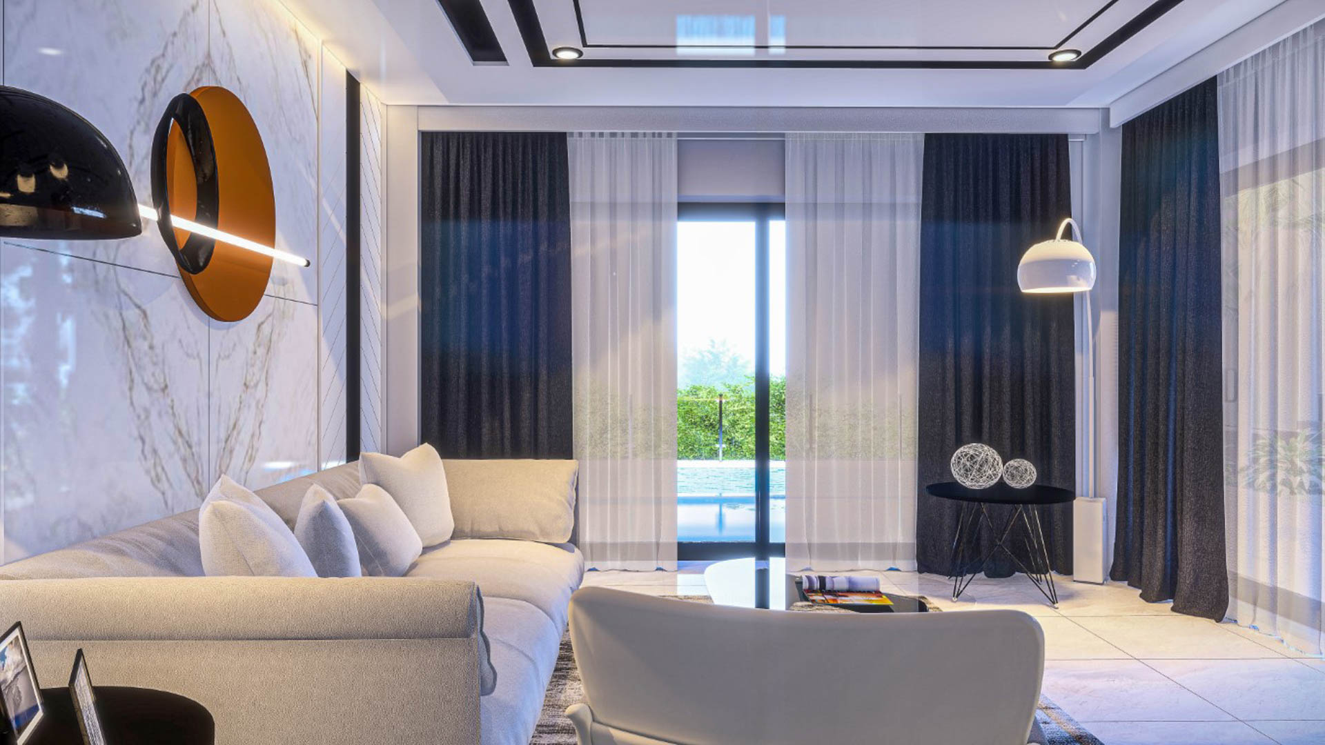 Salón contemporáneo con sofás de tonos neutros, panelado de mármol en la pared y amplios ventanales que ofrecen acceso directo a la terraza y vistas a la piscina.
