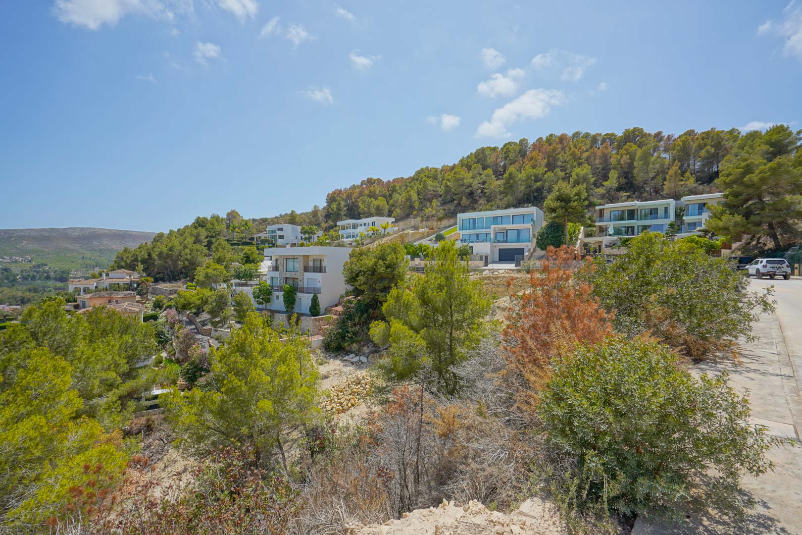 Vista elevada de la urbanización con chalets de diseño moderno integrados en la pendiente natural y rodeados de vegetación autóctona.