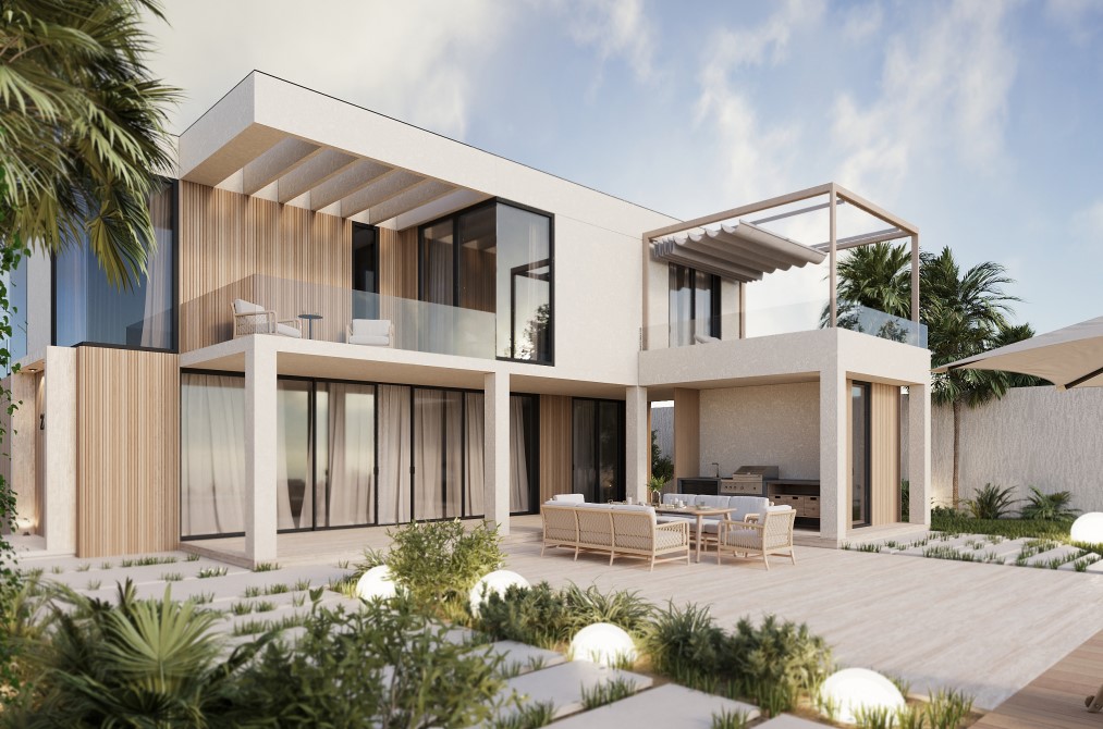 Exterior moderno con terraza y jardín paisajístico con iluminación ambiental.