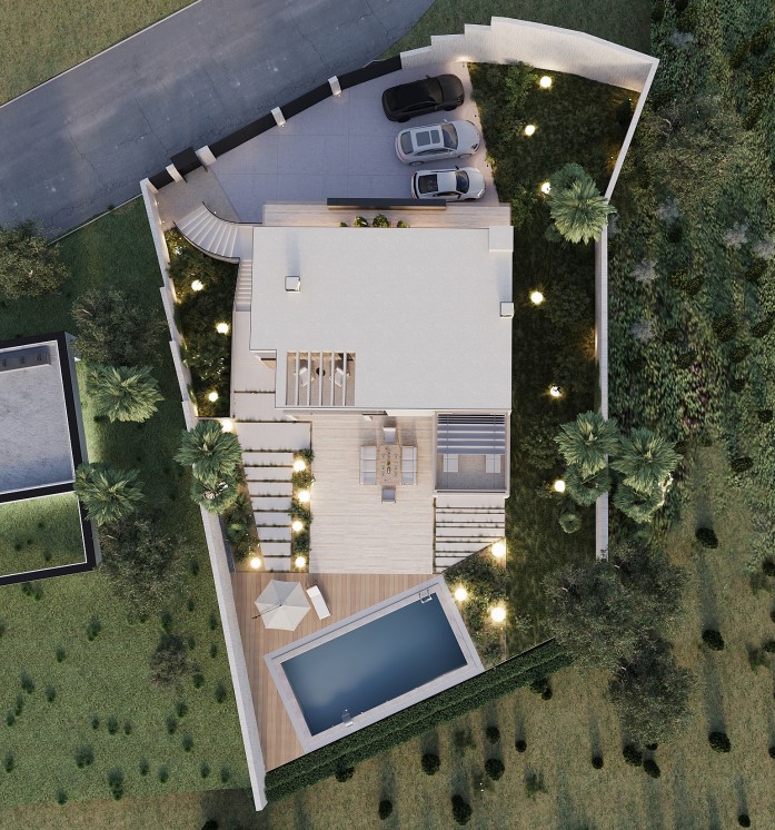 Vista aérea de villa moderna con piscina, terraza de madera y parking privado en Calpe.