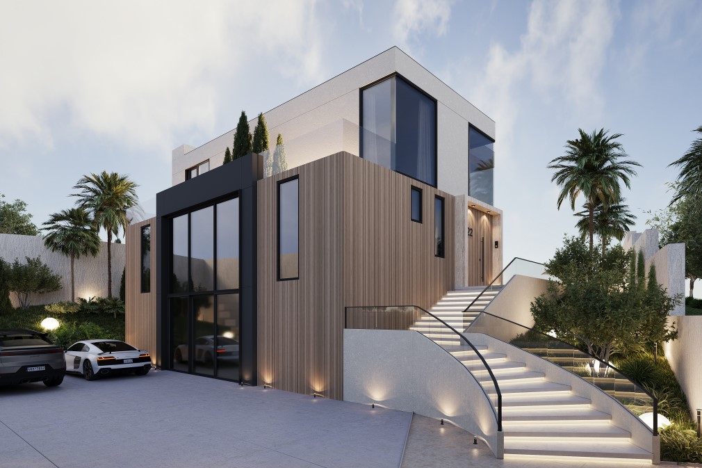 Vista exterior de villa moderna con fachada de madera, acceso escalonado iluminado y paisajismo tropical.