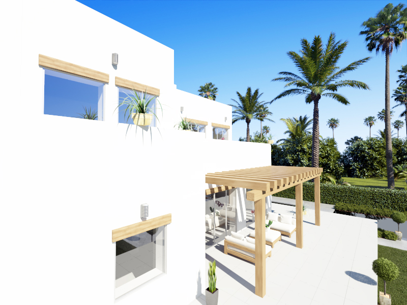 Fachada blanca de estilo moderno con detalles en madera, pérgola de vigas vistas y terraza amueblada rodeada de palmeras y vegetación mediterránea.