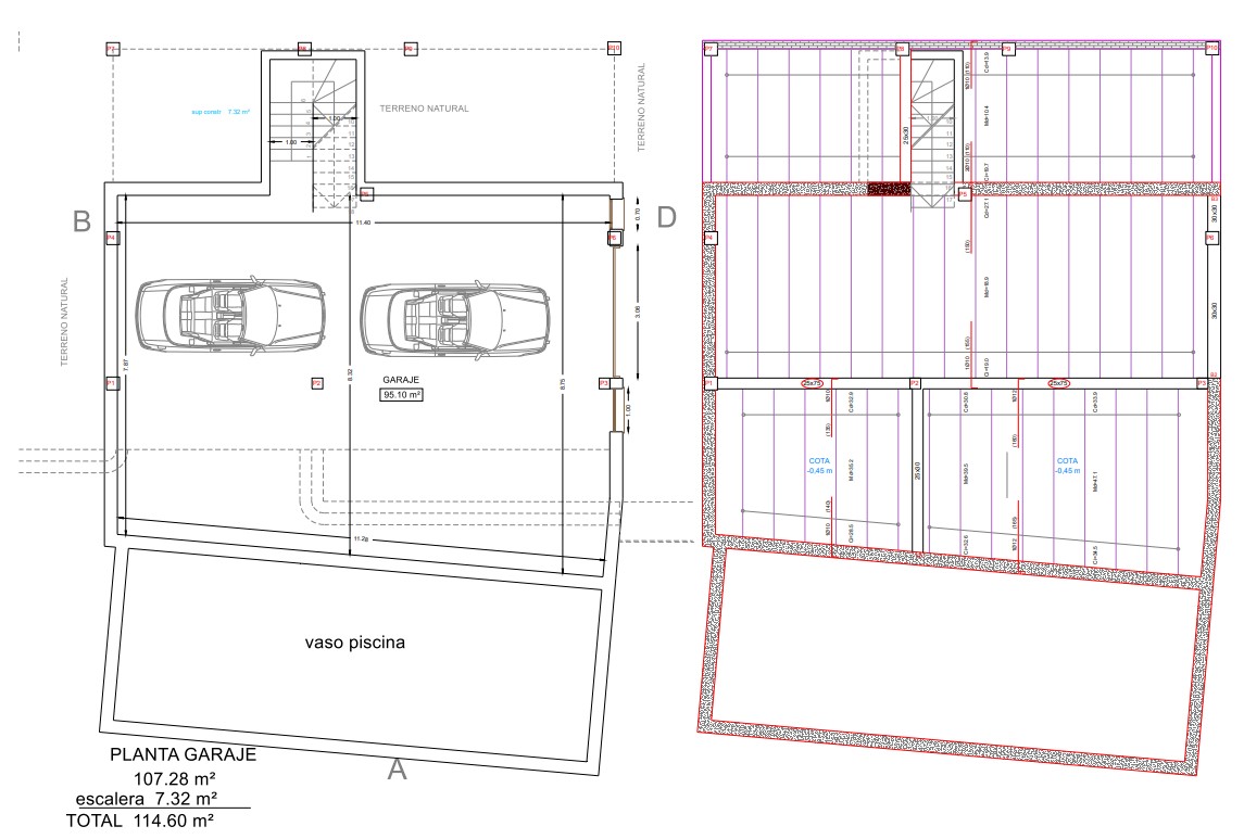 Plano técnico de la planta sótano que detalla un amplio garaje de 95 m², acceso por escalera y la cimentación del vaso de la piscina.
