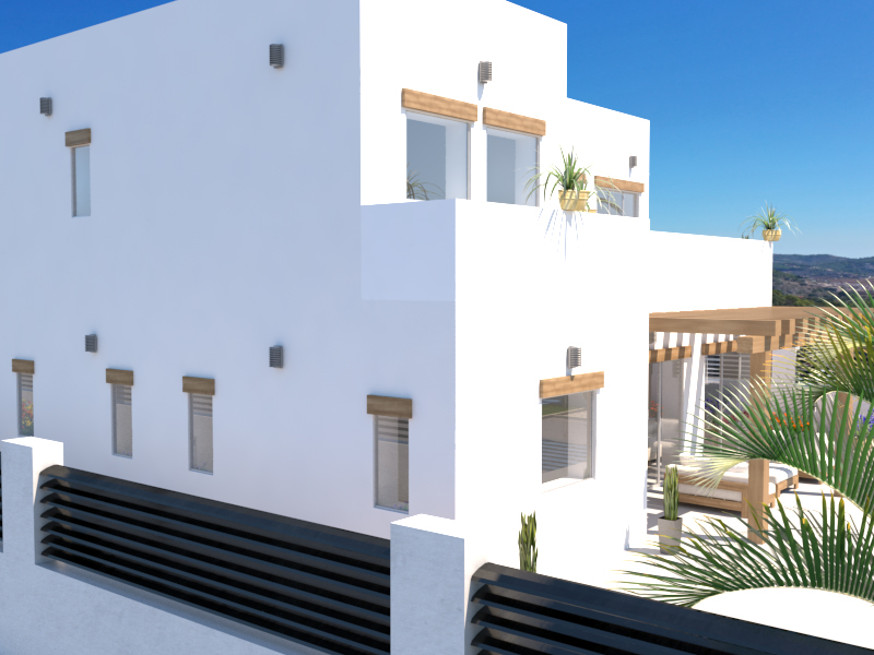 Render exterior de la villa moderna con fachada blanca, detalles en madera sobre las ventanas y una pérgola de madera que cubre la zona de estar exterior.
