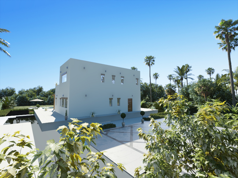 Render exterior de la villa moderna con fachada blanca, ventanas minimalistas y acceso pavimentado rodeado de palmeras y vegetación mediterránea.