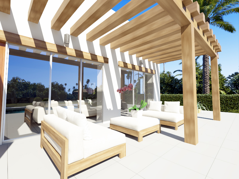 Terraza exterior con pérgola de vigas de madera, mobiliario de diseño con cojines blancos y amplios ventanales correderos que integran el jardín con la vivienda.