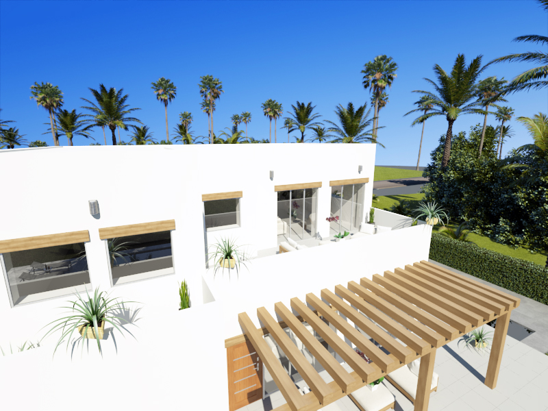 Vista exterior de la planta superior con fachada blanca, vigas de madera decorativas y una amplia terraza con mobiliario de exterior rodeada de palmeras.