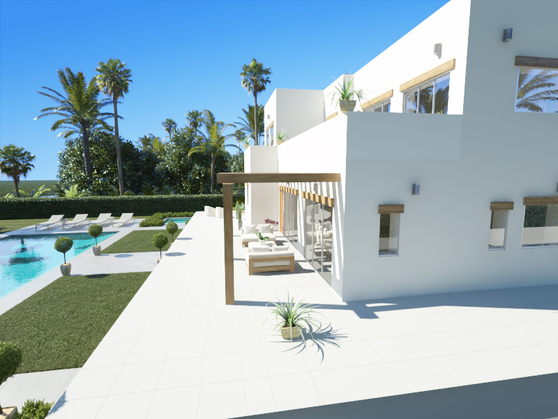 Vista exterior de la villa moderna con fachada blanca, amplia terraza solada, pérgola de madera y piscina rodeada de zonas verdes y palmeras.