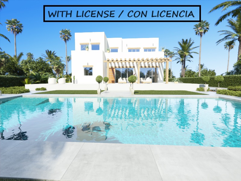 Vista exterior de la villa moderna con piscina de 11x4 metros, pérgola de madera y fachada blanca, rodeada de jardines mediterráneos y palmeras.
