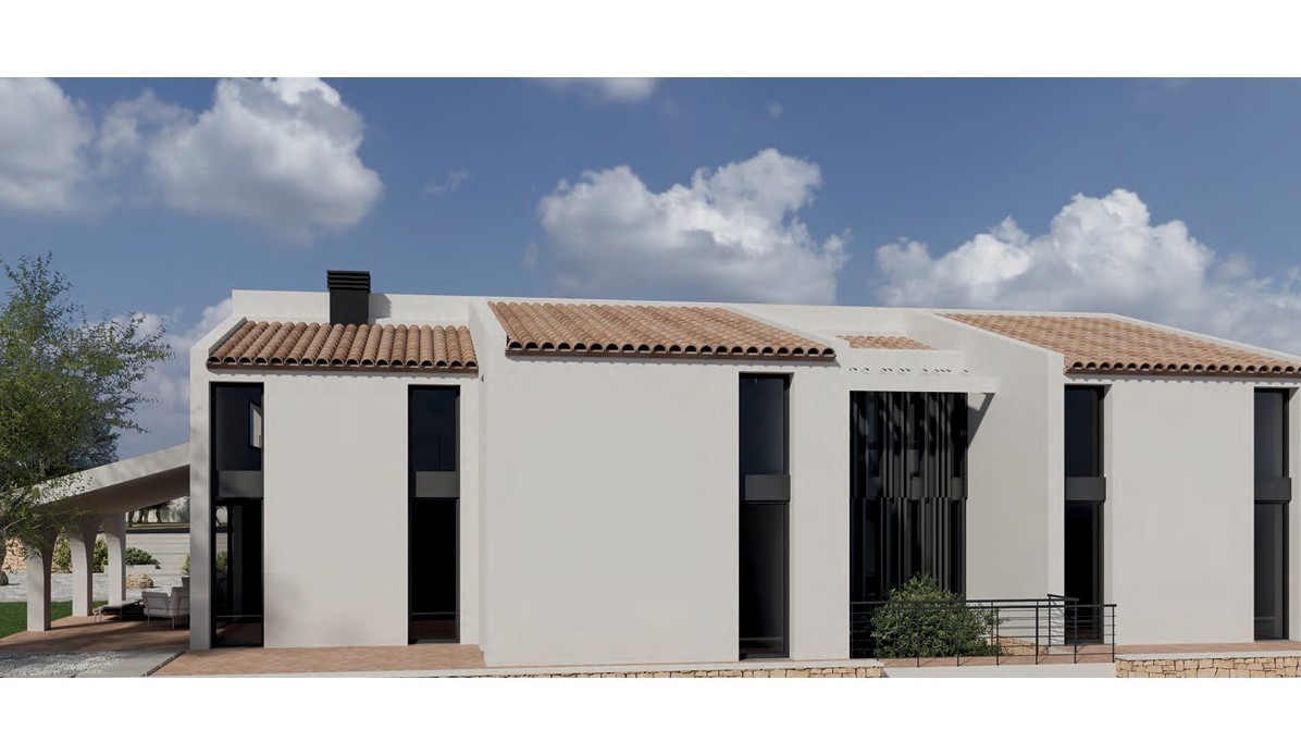 Fachada exterior de estilo finca moderna con paredes blancas, tejados de teja cerámica y ventanales verticales con marcos oscuros bajo un cielo despejado.