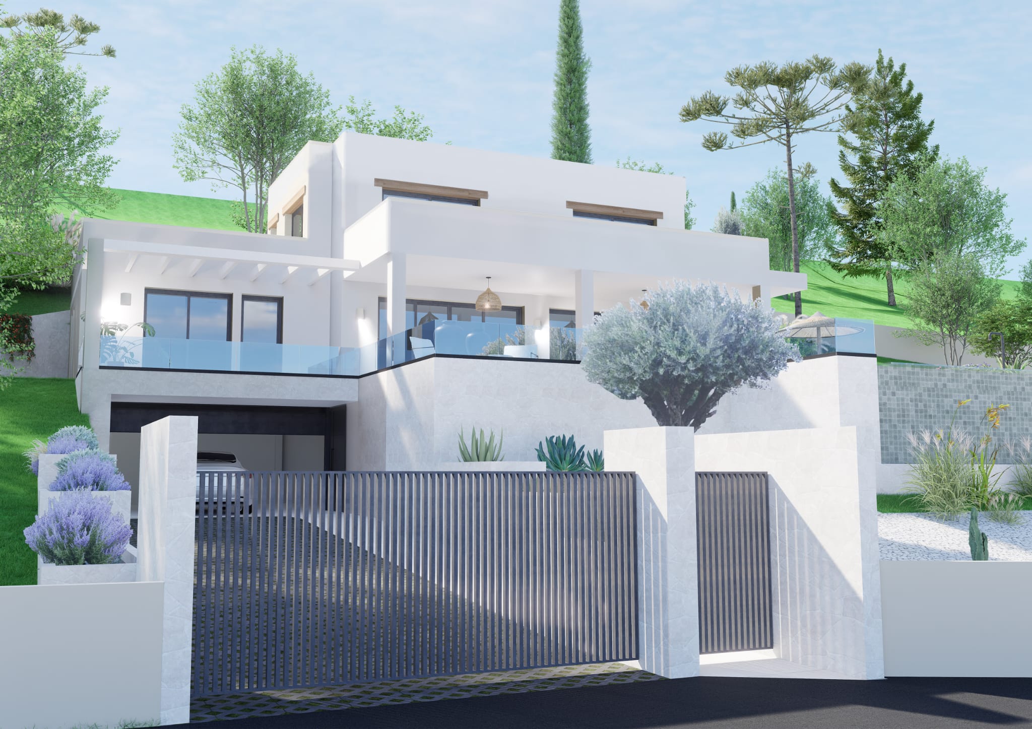 Fachada moderna con muros de piedra blanca, entrada con portón de lamas grises y acceso al garaje. Destacan las terrazas con barandillas de cristal y el cuidado jardín mediterráneo.