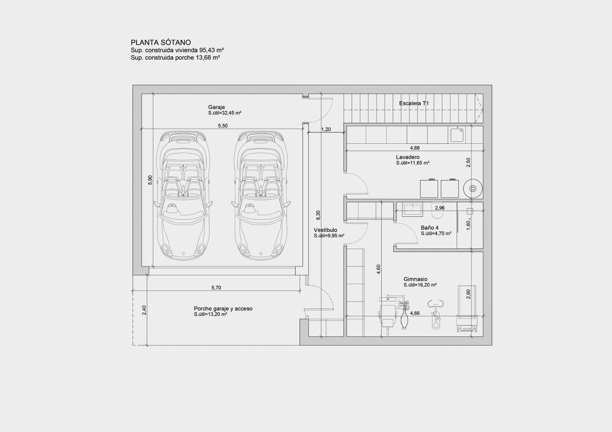 Plano detallado de la planta sótano que incluye un garaje doble, gimnasio privado, lavadero, baño completo y vestíbulo de acceso.