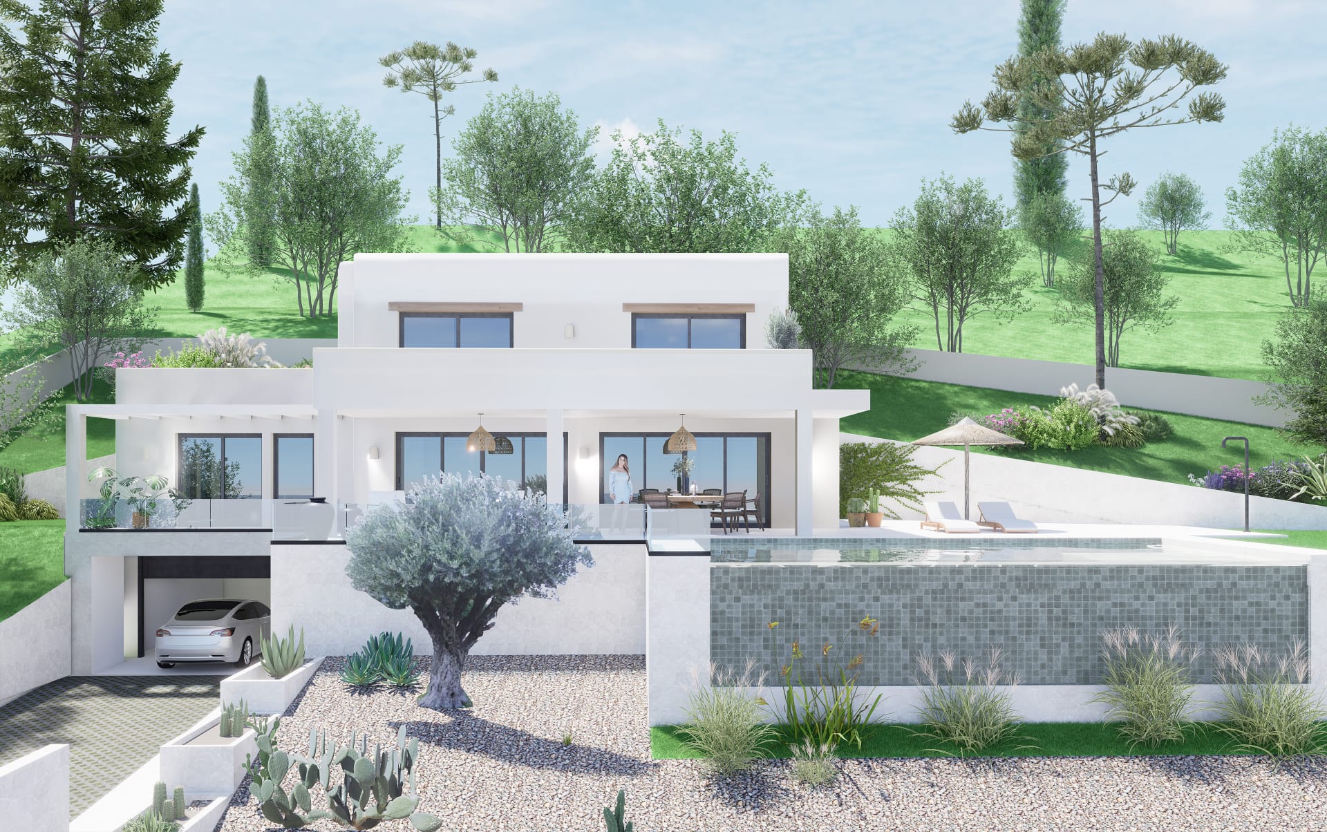 Vista exterior de la villa moderna con fachada blanca, piscina de mosaico gris, jardín mediterráneo con olivo y garaje integrado en el semisótano.