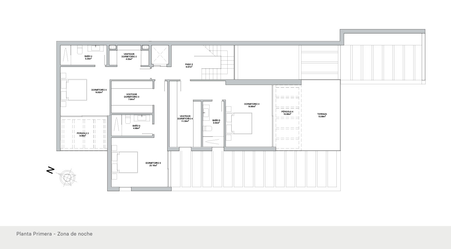 Plano técnico de la planta primera que detalla la zona de noche con tres dormitorios en suite, vestidores independientes y acceso a terrazas y pérgolas exteriores.