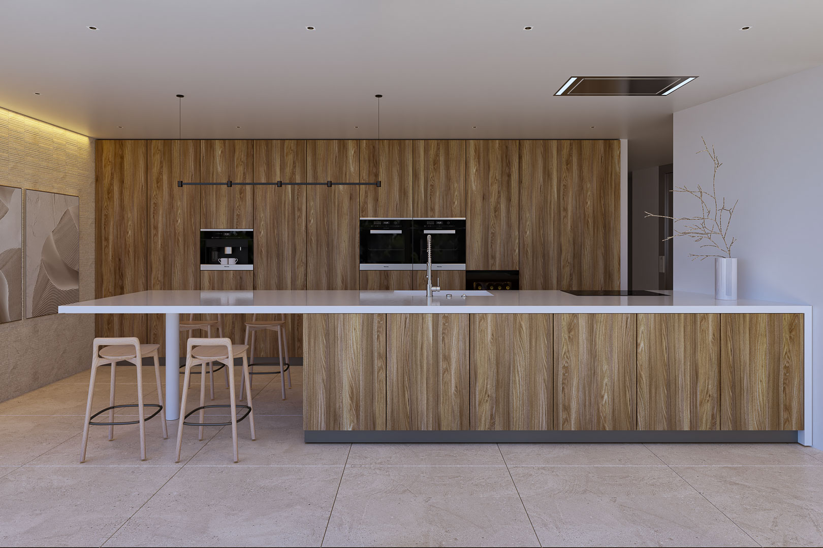 Cocina de diseño con isla central de encimera blanca, panelado de madera natural y electrodomésticos integrados. Incluye taburetes minimalistas y suelo de piedra de gran formato.