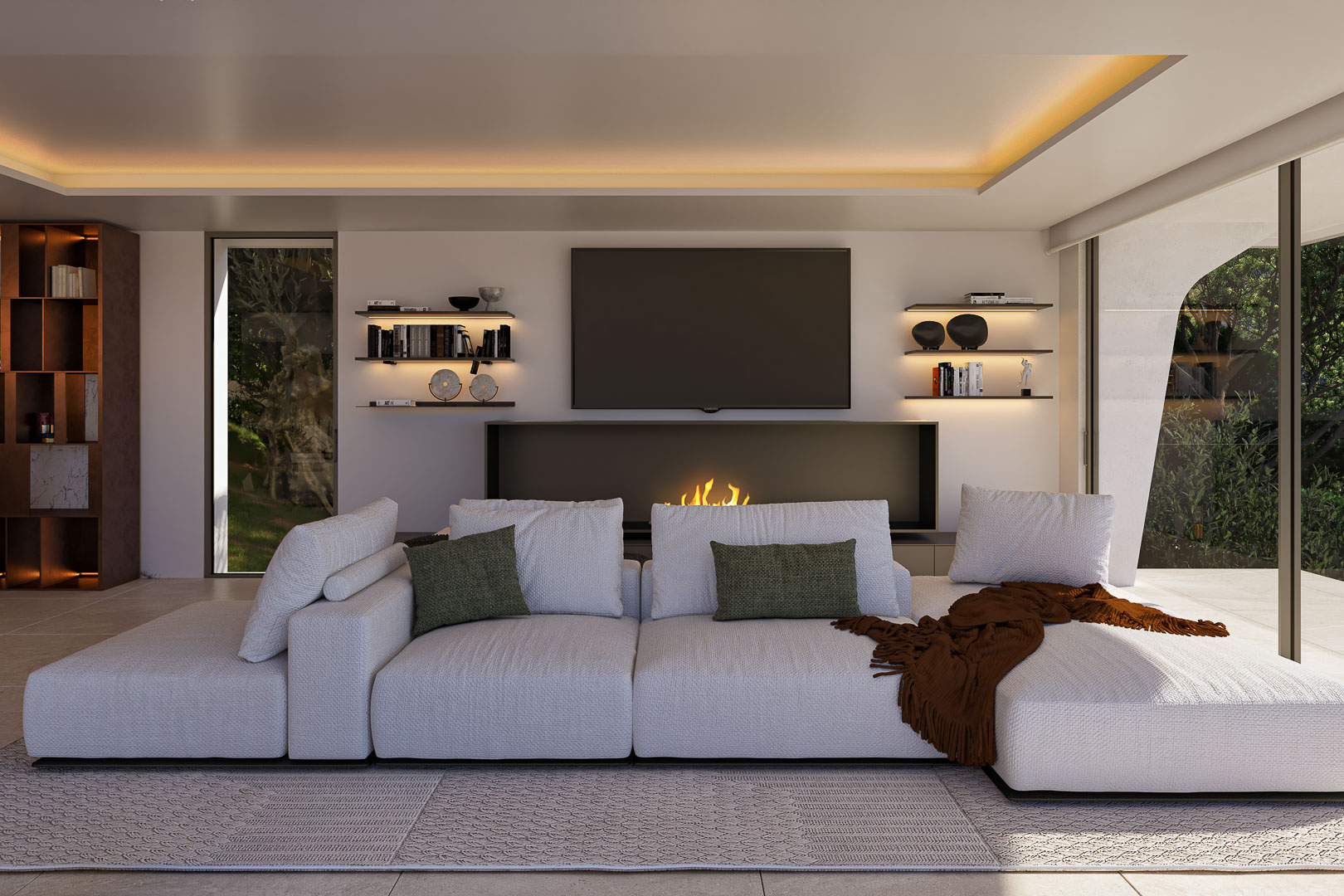 Salón moderno con sofá modular blanco, chimenea lineal integrada y estanterías retroiluminadas. Amplios ventanales conectan el interior con el jardín mediterráneo.