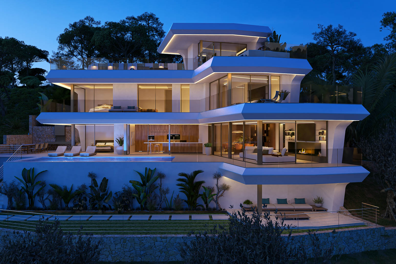 Villa de arquitectura multinivel con terrazas voladizas, iluminación LED perimetral, piscina infinita y grandes ventanales que integran el interior con el paisaje exterior.