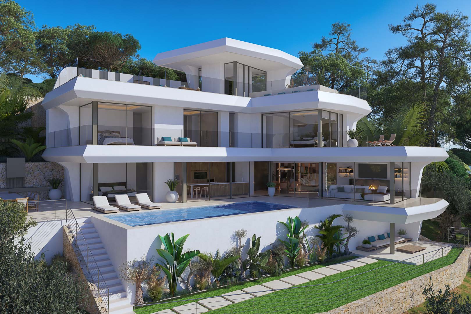 Villa vanguardista de tres niveles con amplios ventanales, piscina infinita y terrazas con barandillas de cristal integradas en un entorno natural mediterráneo.