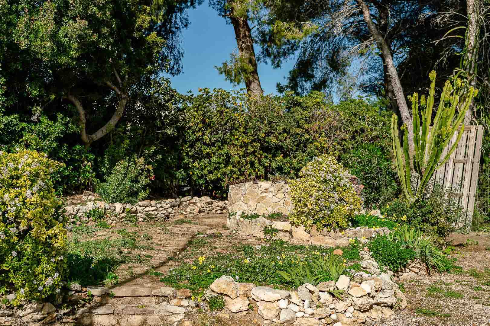 Jardín rústico con muretes de piedra seca, vegetación mediterránea autóctona y un pozo decorativo central rodeado de pinos y arbustos.