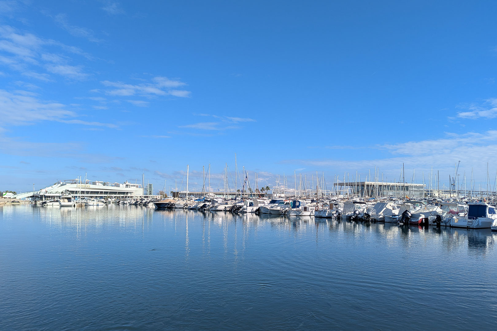 Vista del puerto deportivo con múltiples embarcaciones bajo un cielo azul claro.