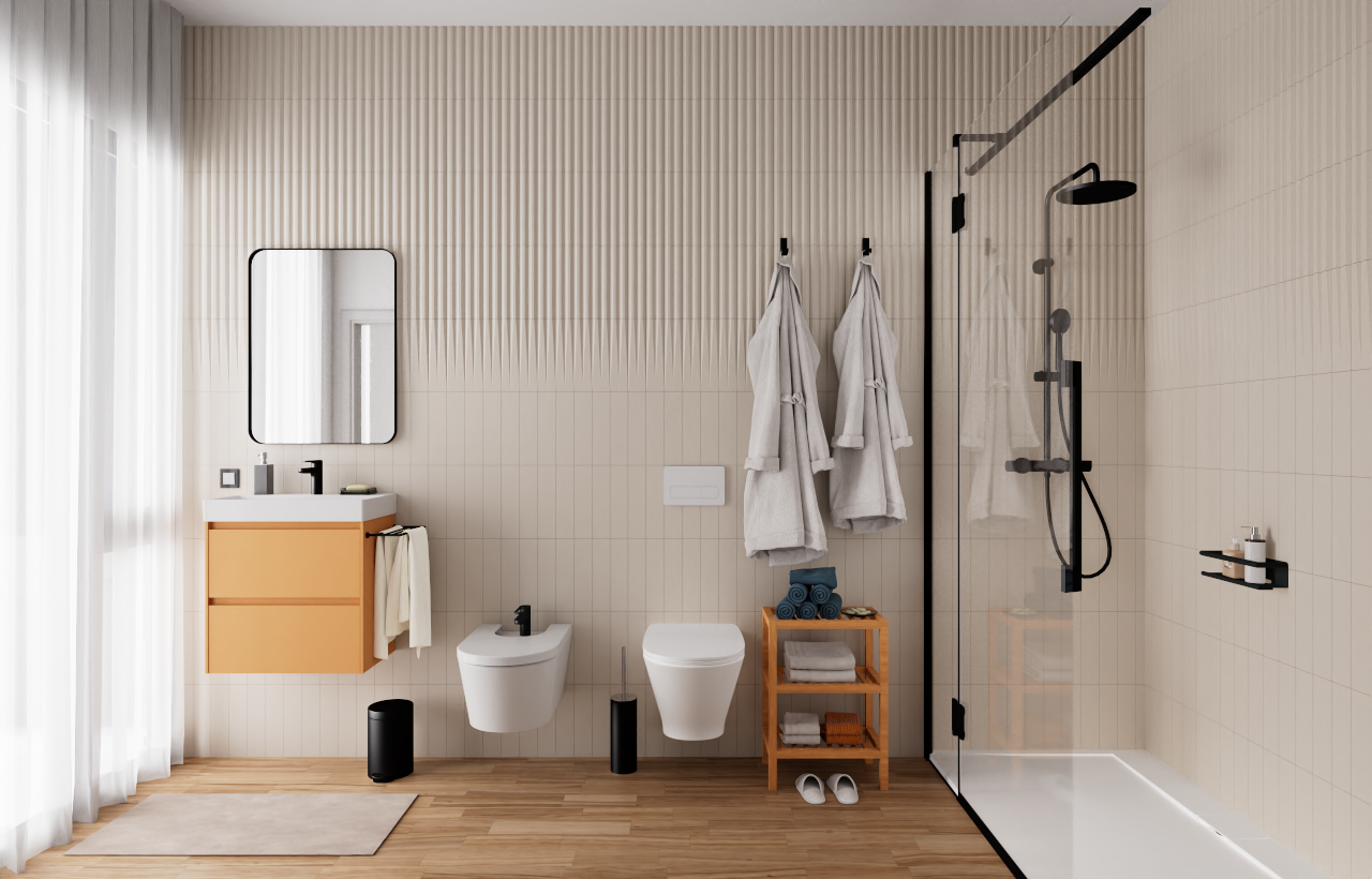 Baño moderno con ducha de obra, grifería negra y sanitarios suspendidos. Destaca el revestimiento cerámico con relieve vertical y el mueble de lavabo en tono madera natural.