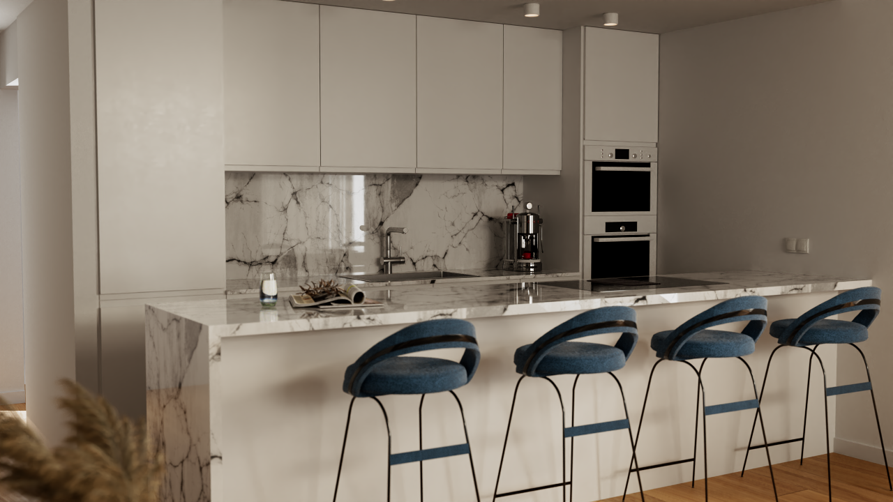 Cocina de diseño con isla de granito veteado, electrodomésticos Bosch integrados y taburetes tapizados en azul. Incluye encimera continua y salpicadero a juego con fregadero de acero.