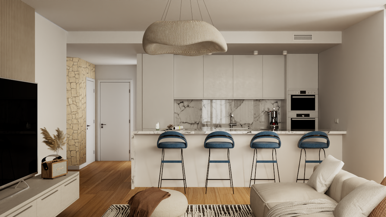 Cocina de diseño con isla de mármol y taburetes azules, equipada con electrodomésticos Bosch integrados y abierta hacia un salón con suelos de madera.