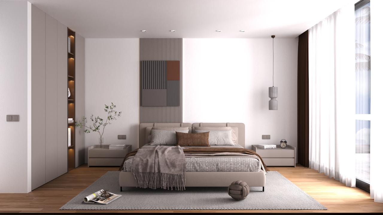 Dormitorio principal con suelos de madera, armarios empotrados con iluminación LED y un gran ventanal que aporta abundante luz natural.
