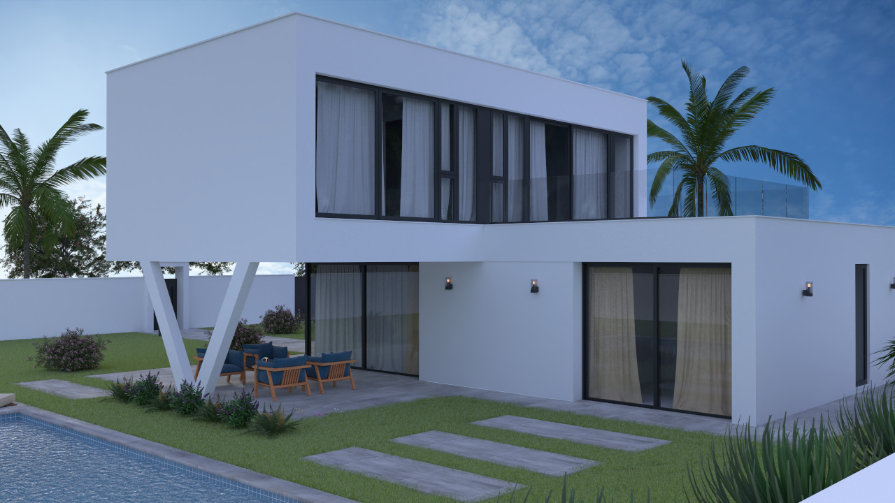Exterior de villa moderna con fachada blanca, planta superior en voladizo sobre pilares en V, terraza con barandilla de cristal y piscina privada integrada en el jardín.