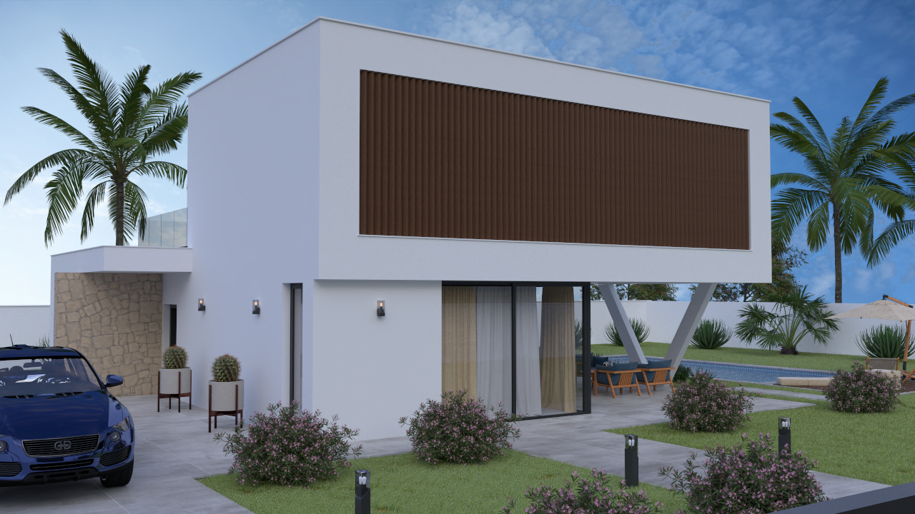 Fachada exterior de villa moderna con planta superior en voladizo, paneles decorativos de madera y zona de estar protegida junto a la piscina y jardín mediterráneo.