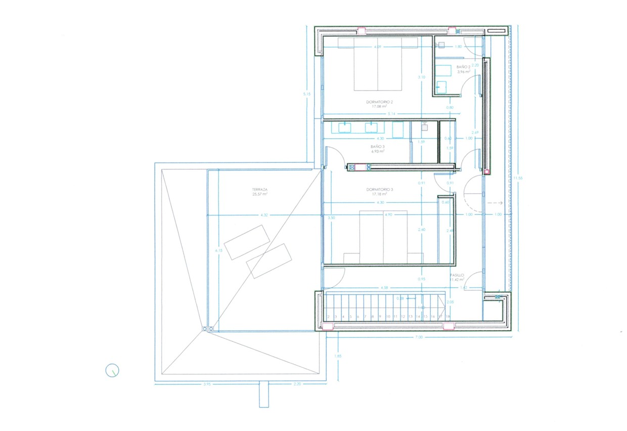 Plano detallado de la planta superior con dos dormitorios dobles, baños en suite y una terraza de 25,57 m², diseñado para la máxima funcionalidad y confort.