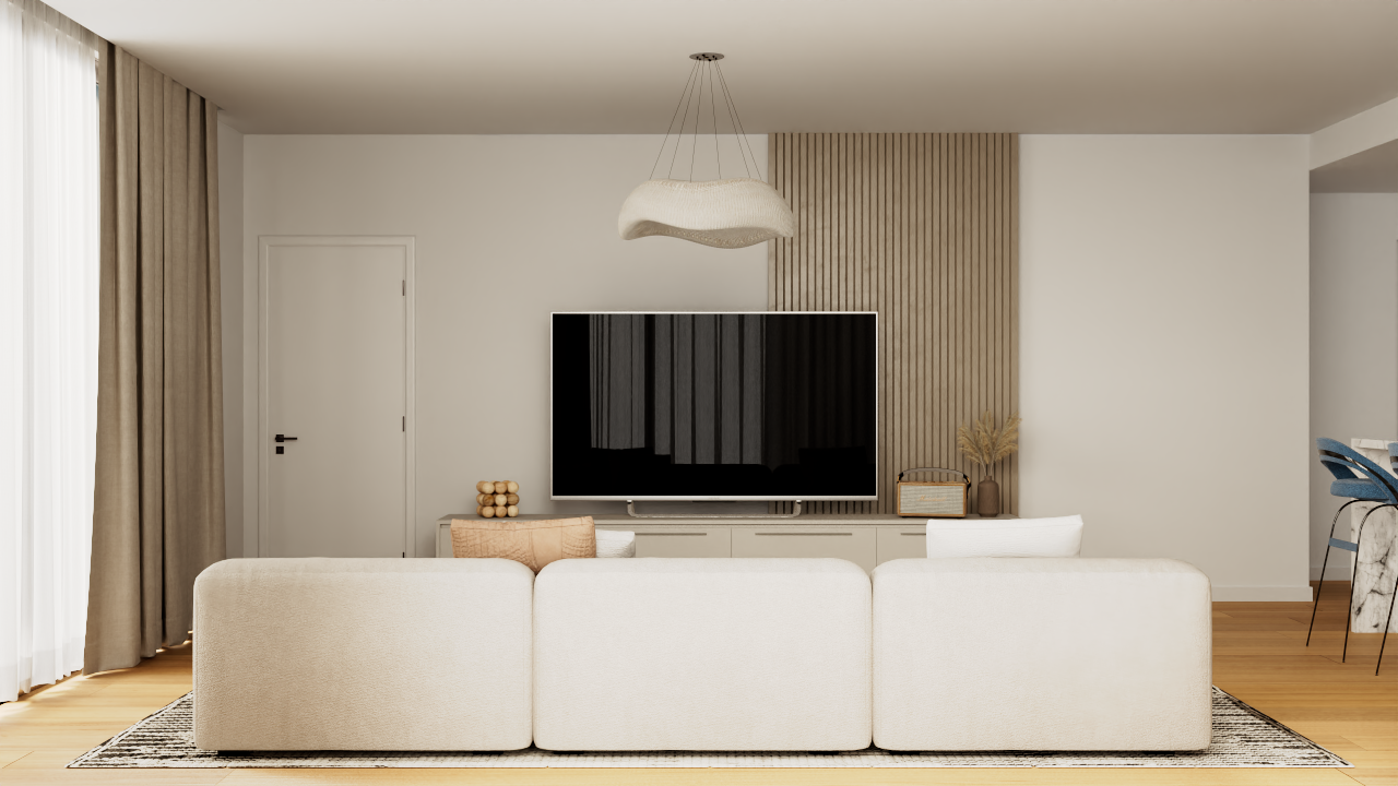 Salón moderno con panelado de listones de madera, sofá modular en tonos neutros y una lámpara de diseño orgánico sobre la zona de televisión.