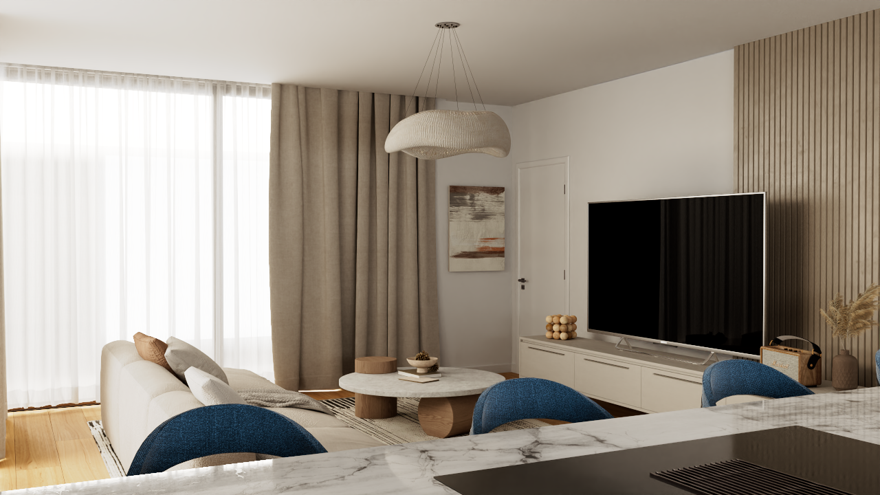 Salón moderno con ventanales de suelo a techo, pared decorativa de listones de madera y zona de estar integrada junto a la cocina con encimera de mármol.